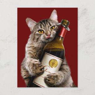 Katt med Vin Flaska Inbjudan Vykort