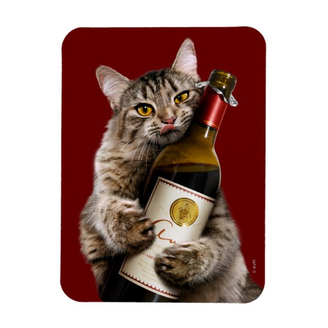Katt med Vin Flaska Magnet (Vertikal)