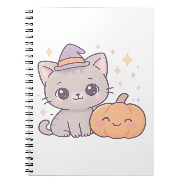 Katt med Witch Hat och Smiling Pumpkin Cute Spooky Anteckningsbok (Framsidan)