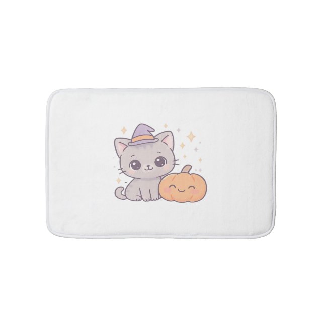 Katt med Witch Hat och Smiling Pumpkin Cute Spooky Badrumsmatta (Framsidan)