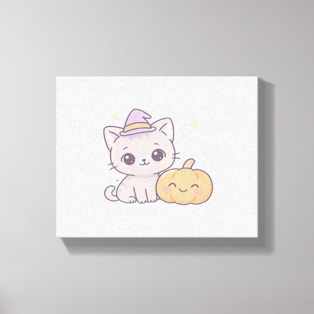 Katt med Witch Hat och Smiling Pumpkin Cute Spooky Canvastryck (Framsida)
