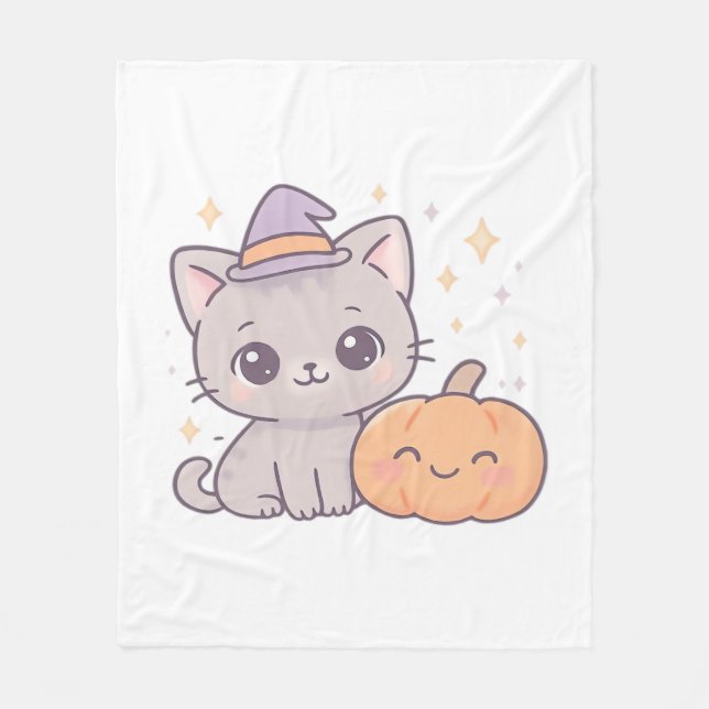 Katt med Witch Hat och Smiling Pumpkin Cute Spooky Fleecefilt (Framsidan)