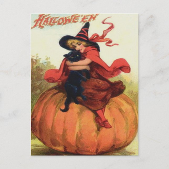 Katt med Witch och Black Cat Vykort (Framsida)