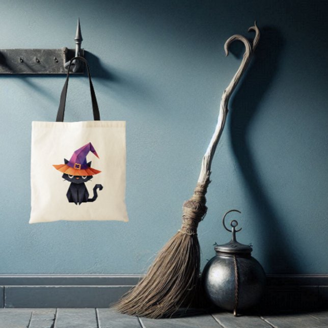 Katt med Witch's Hat Candy Tote Bag Tygkasse (We'll never really know what happened to little Betsy who when out to trick-o- treat last Halloween.)
