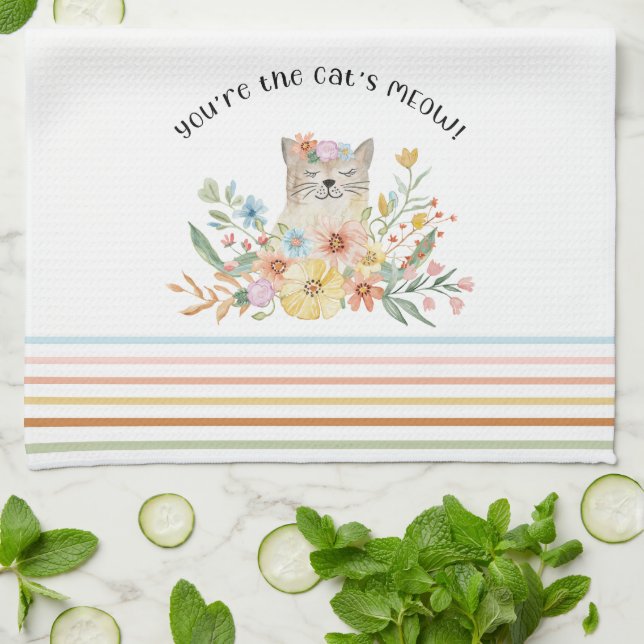 Katt Meow Grandma Cute Kattunge Blommigt Pastel Kökshandduk (Vikta)