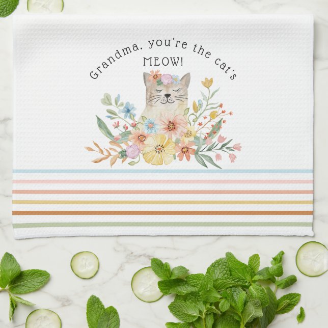 Katt Meow Grandma Cute Kattunge Blommigt Pastel Kökshandduk (Vikta)