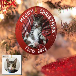 Katt "Meowy jul" 2-sidig 2-foto röd Julgransprydnad Keramik