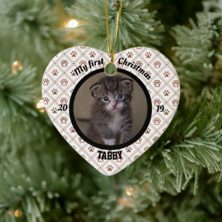 Katt min första julklapp Photo Namn Heart Julgransprydnad Keramik