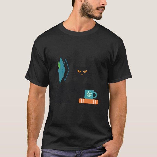 Katt mitt i århundradet med Bok och kaffe, medelål T Shirt (Framsida)