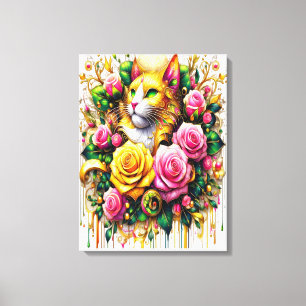 Katt mitt i en livfull blomning18x24 canvastryck
