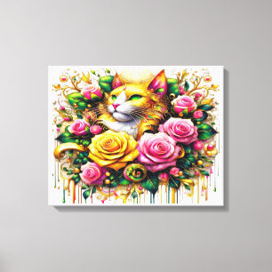 Katt mitt i en livfull blomning 50x40cm canvastryck