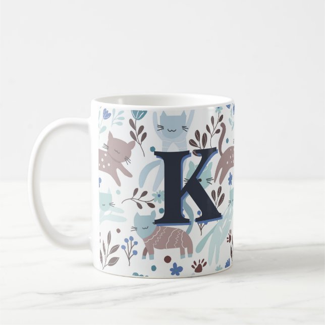 Katt Mönster, blå Grått-monogram Kaffemugg (Vänster)