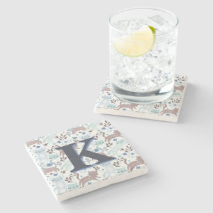 Katt Mönster, blå Grått-monogram Stenunderlägg