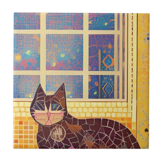Katt moroccan mosaic abstrakt art brun kvadrat kakelplatta (Framsidan)