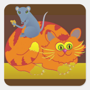 Katt & mus fyrkantigt klistermärke