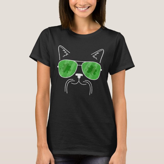 Katt Mustasch & Solglasögon Distressed St Patrick  T Shirt (Framsida)