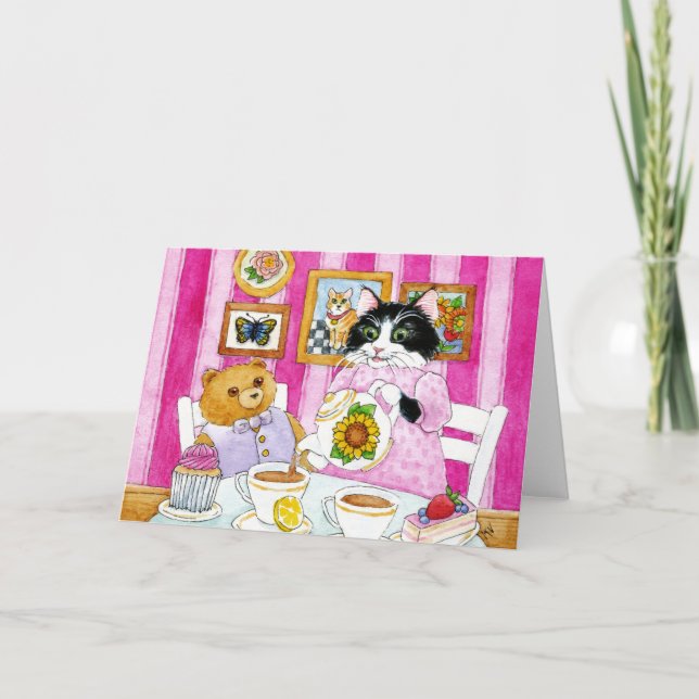 Katt, Nalle, te party, rosa, kort (Framsida)