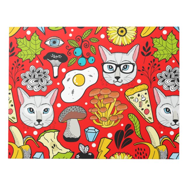 Katt och ägg på rött anteckningsblock (Framsida)