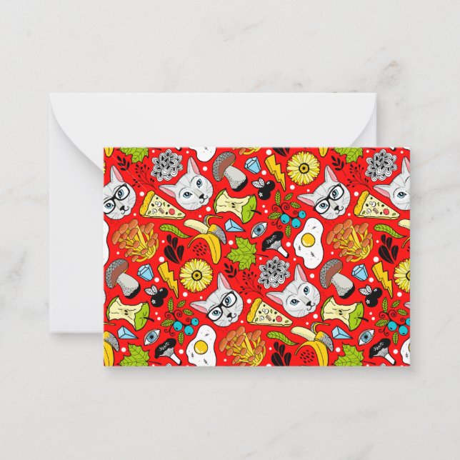 Katt och ägg på rött anteckningskort (Framsida)