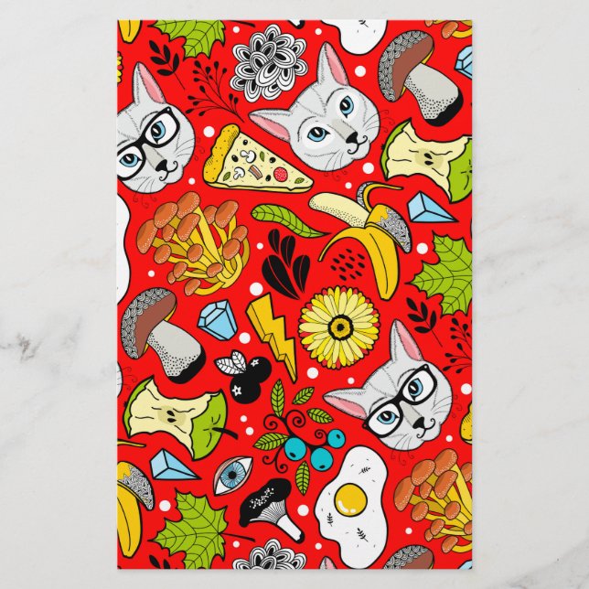 Katt och ägg på rött brevpapper (Framsida)