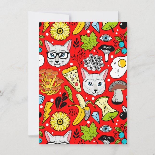 Katt och ägg på rött inbjudningar (Framsida)