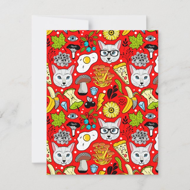 Katt och ägg på rött julkort (Framsida)