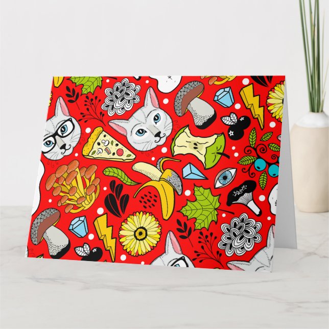 Katt och ägg på rött kort (Framsida)