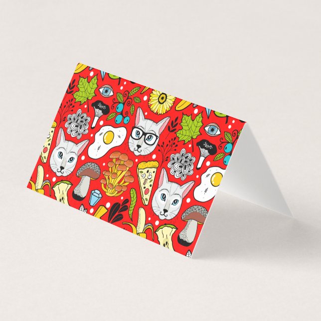 Katt och ägg på rött kort (Framsida)