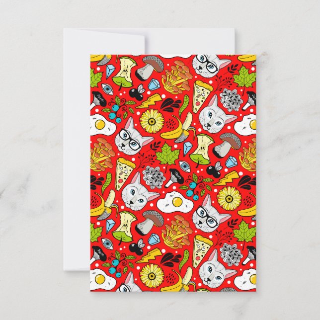 Katt och ägg på rött kort (Framsida)