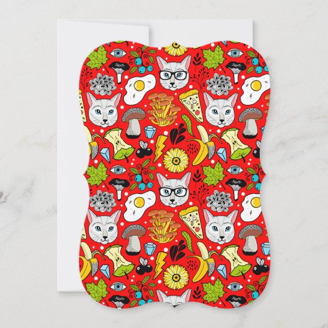 Katt och ägg på rött kort (Framsida)