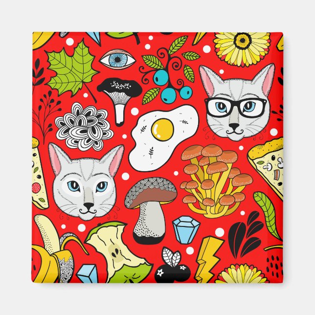 Katt och ägg på rött magnet (Framsidan)
