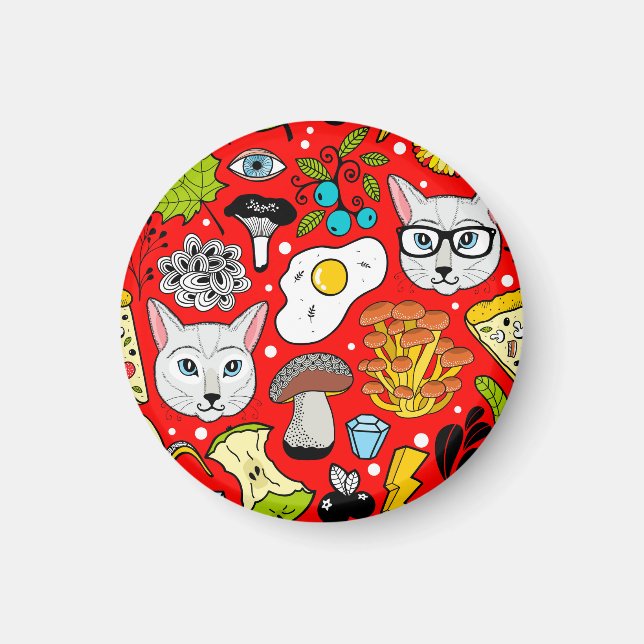 Katt och ägg på rött magnet (Framsidan)