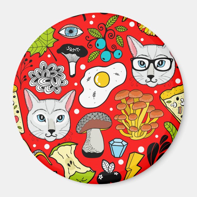 Katt och ägg på rött magnet (Framsidan)