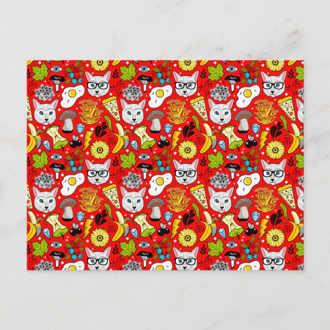 Katt och ägg på rött meddelande vykort (Framsida)