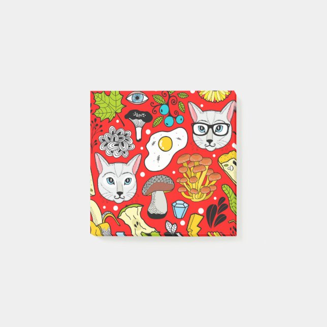 Katt och ägg på rött post-it block (Framsida)