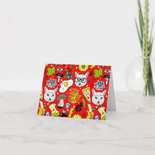 Katt och ägg på rött tack kort