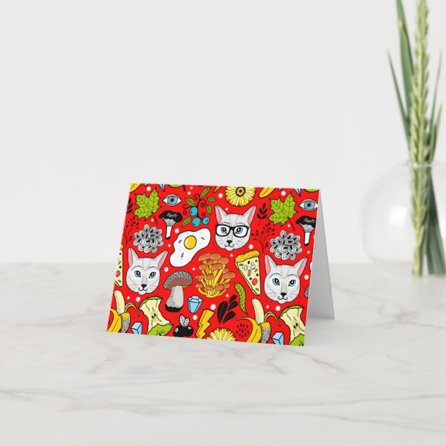 Katt och ägg på rött tack kort (Framsida)
