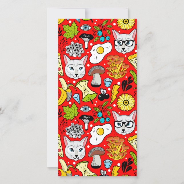 Katt och ägg på rött tack kort (Framsida)