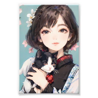 Katt och Anime Girl Stil - Whimsical Vänskap Fototryck