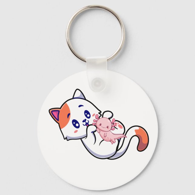 Katt och Axolotl Kawaii Neko Anime Button Keychain Nyckelring (Framsida)