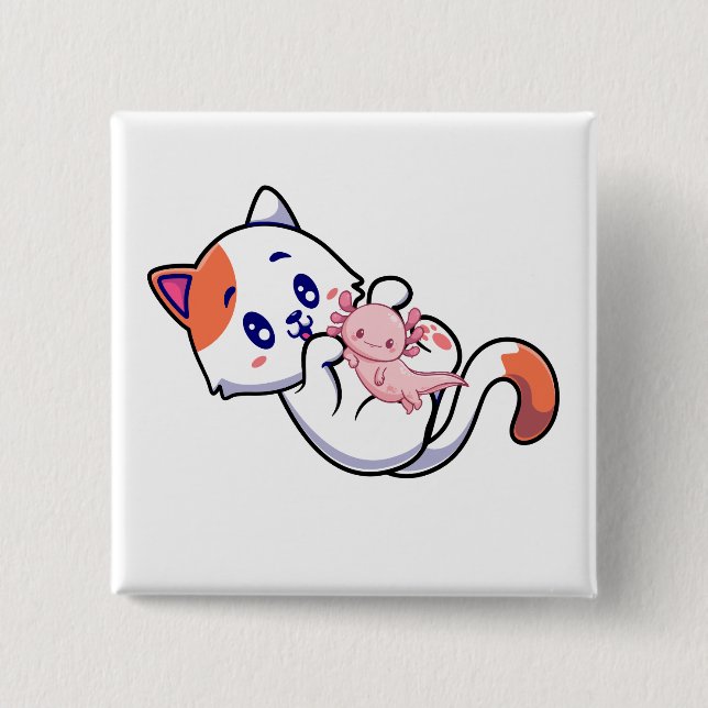 Katt och Axolotl Kawaii Neko Anime Square Button Knapp (Framsida)