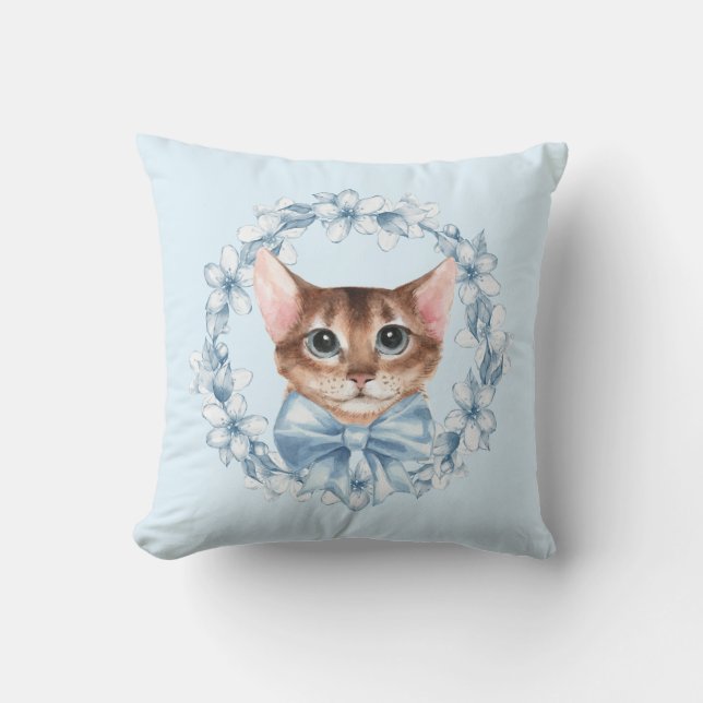 Katt och blåa blommor kudde (Framsida)