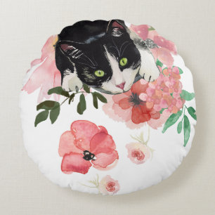 Katt och blommarundadekorativ kudde (16")