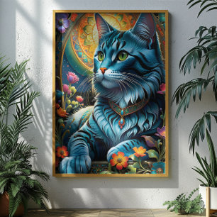 Katt och Blommigt, vit Poster