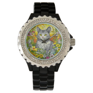 Katt och blommor armbandsur