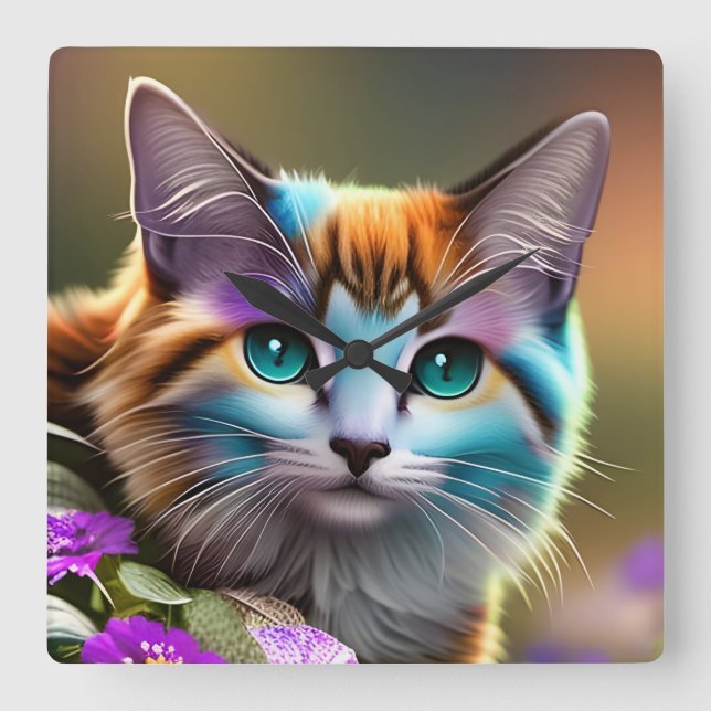 Katt och blommor av blått och rostfritt stål fyrkantig klocka (Framsida)