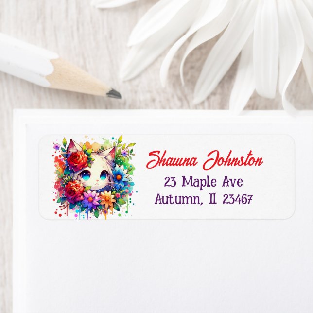 Katt och blommor av lila och röddjur returadress etikett (Insitu)