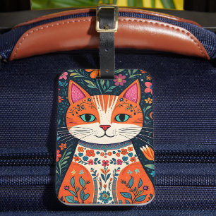 Katt och blommor av vismisk folkart bagagebricka