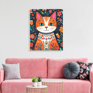 Katt och blommor av vismisk folkart canvastryck