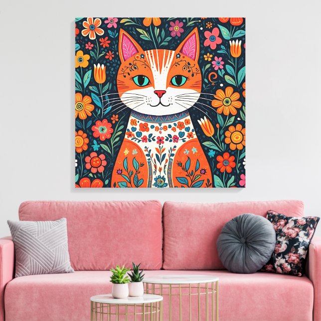 Katt och blommor av vismisk folkart canvastryck (Insitu (Vardagsrum))